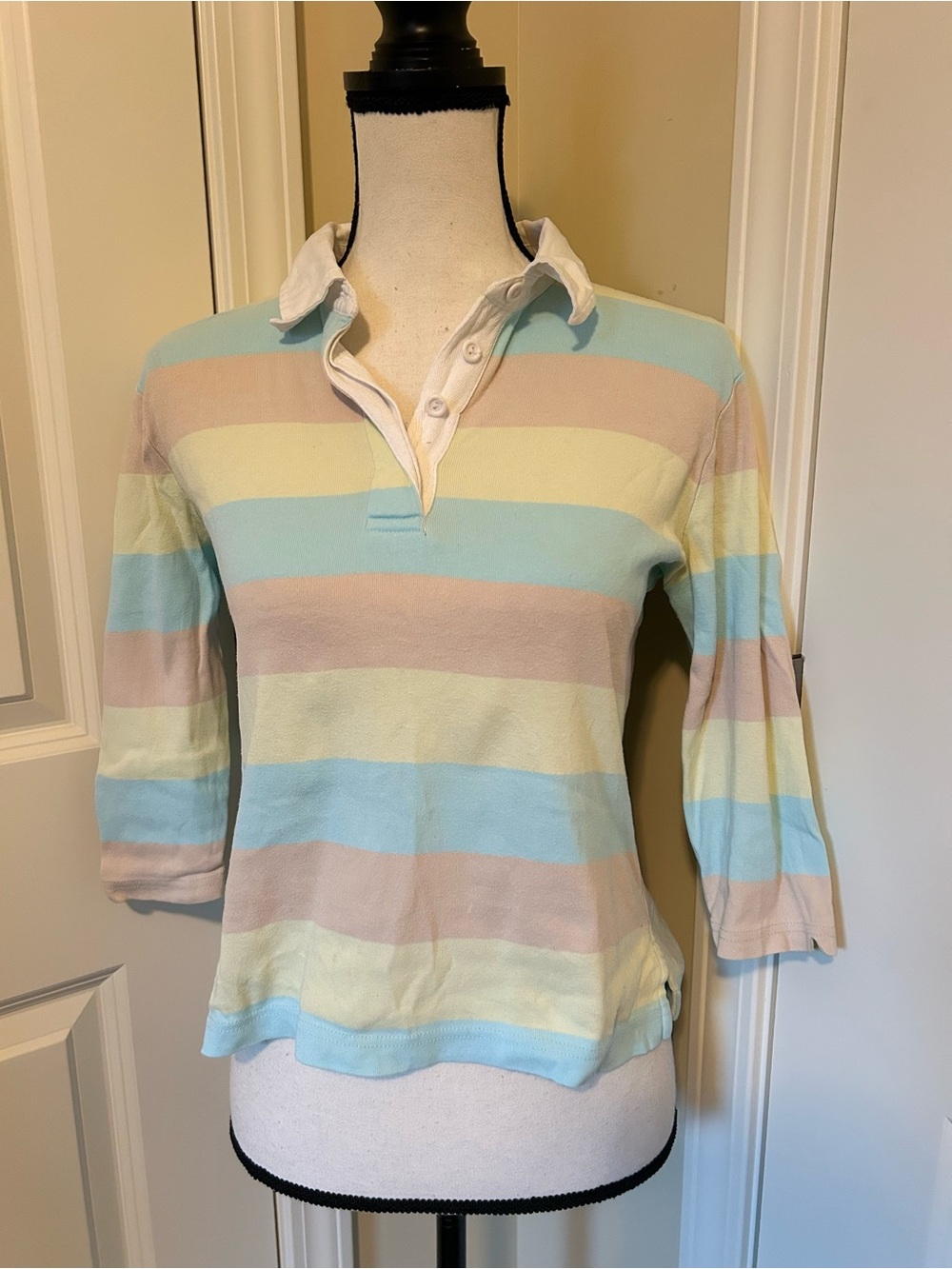 Vintage cotton blend Talbots Pastel Striped Polo Top - Blue, Cream, Pink